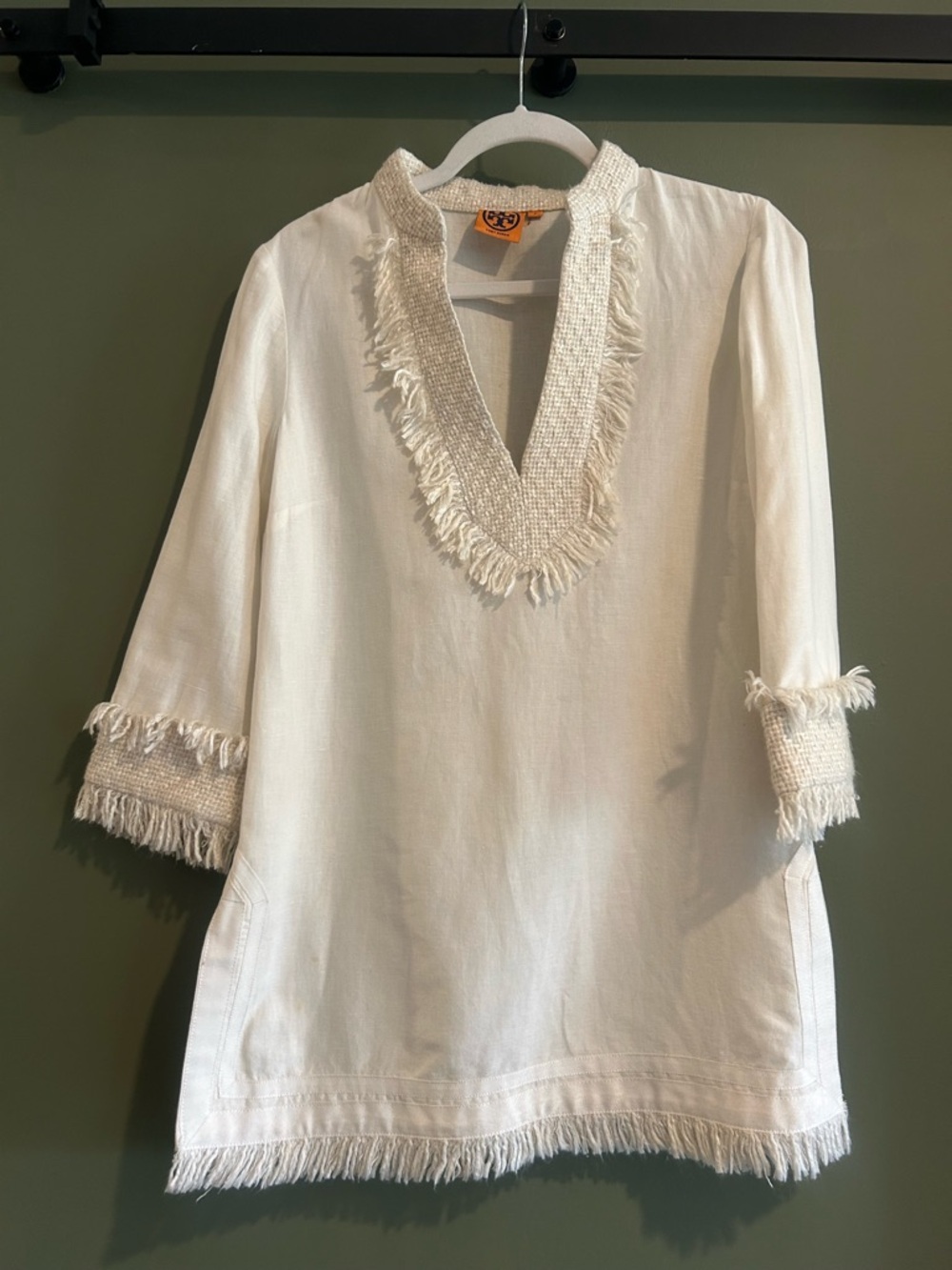 Tory Burch Cream Textured Jacket with Iconic Orange Logo Tag